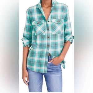 J. Crew Boyfriend Fit Aqua and Gray Plaid Shirt Size 2